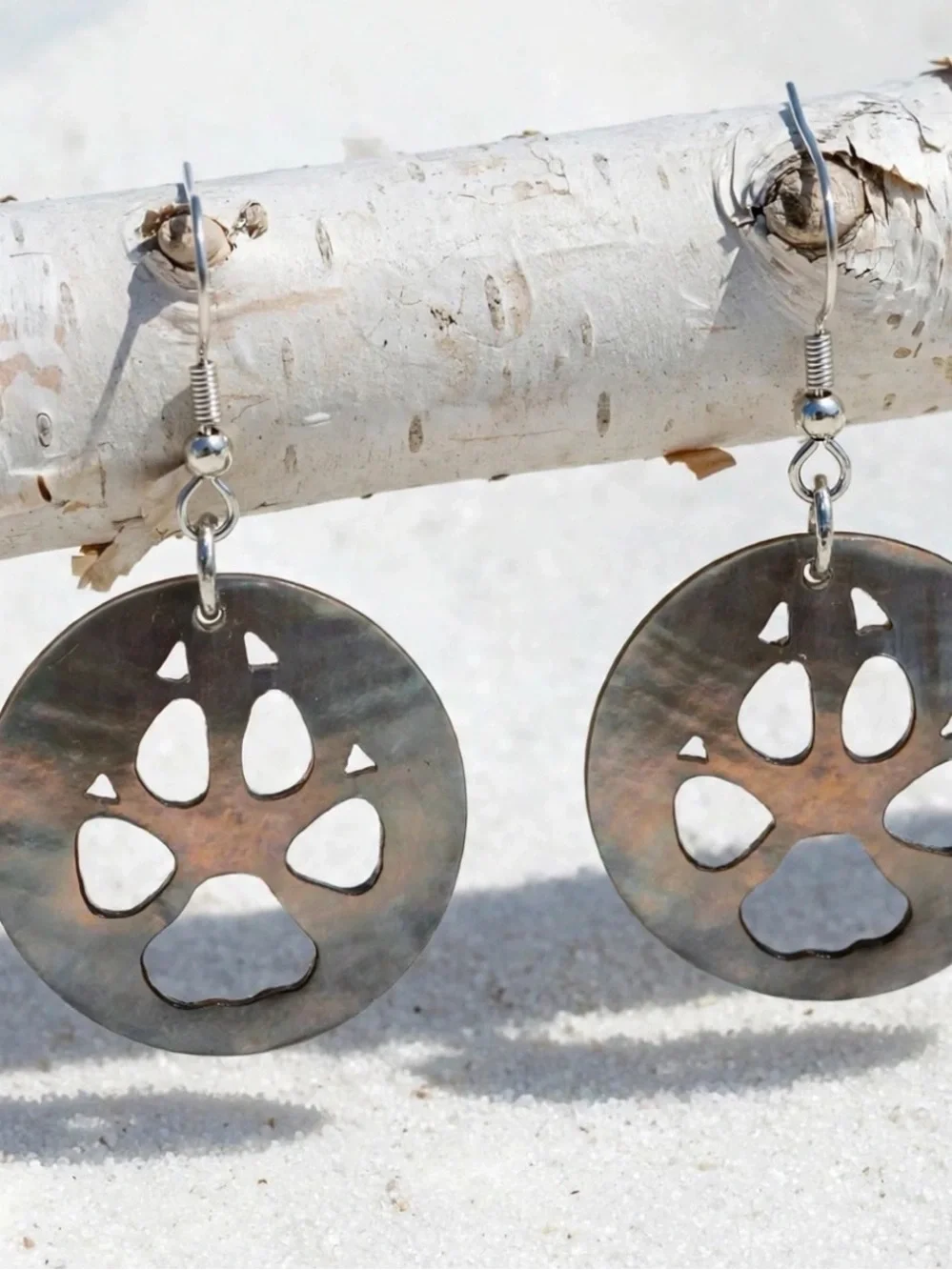 Hand carved Natural Black Lip Shell Wolf Paw Print Earrings